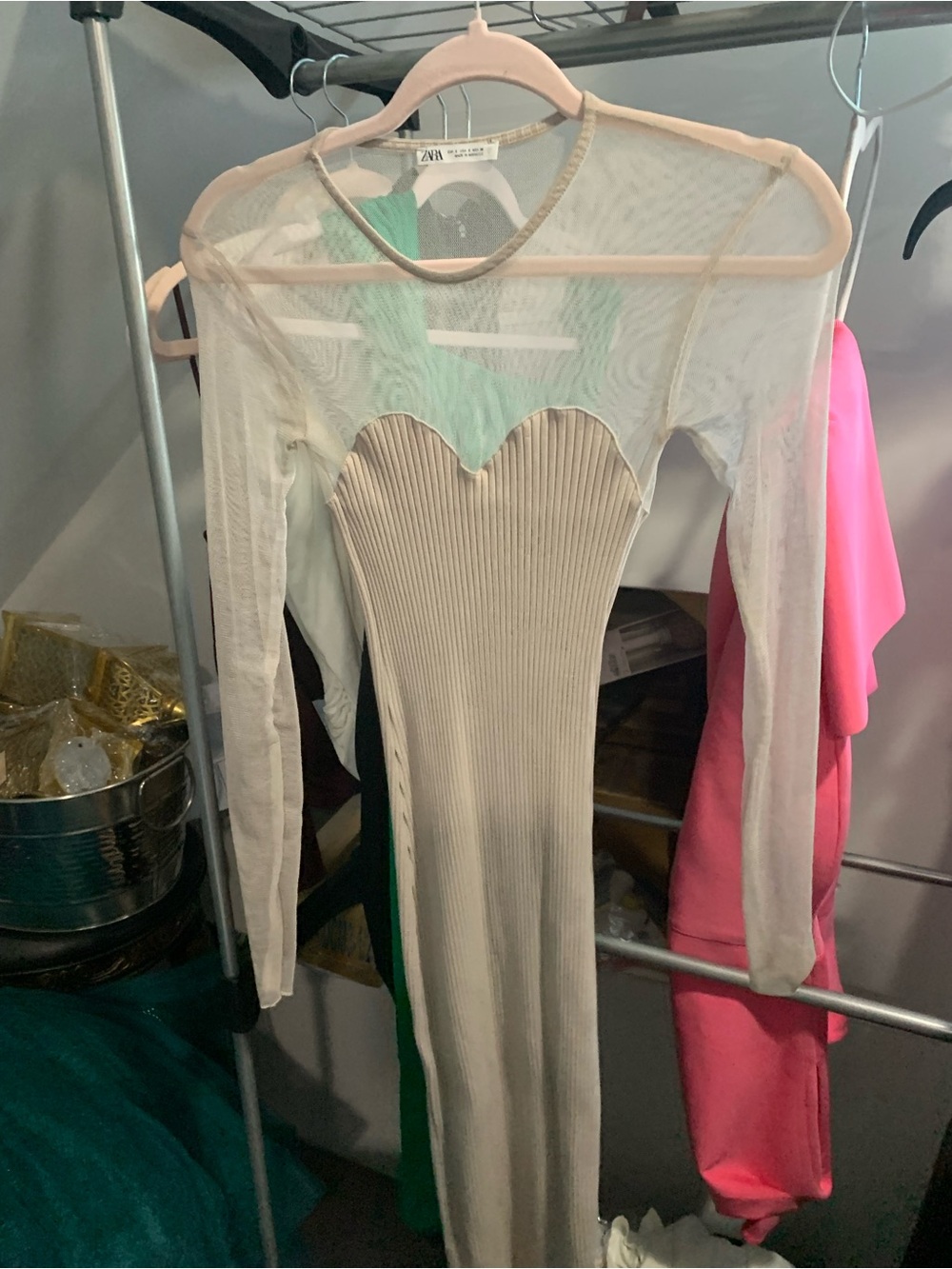 Zara Cream Sheer Long Sleeve Ribbed Bodycon Dress